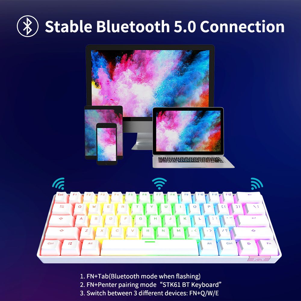Ajazz STK61 61key Pudding Keycap Wired/Bluetooth Dual mode Blue Switch Multi-color backlight mechanical keyboard - White