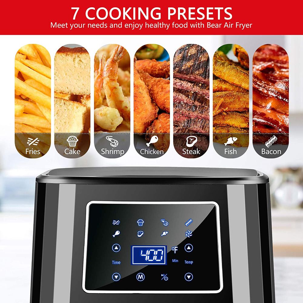 Bear Electric Air Fryer 6QT Capacity 7 Less Oil Cooking Presets LED Digital Touch Control Removable Non-stick Basket - Black