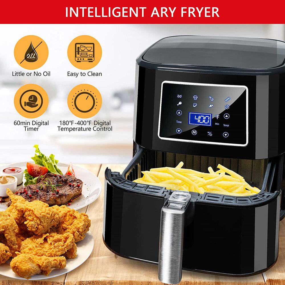 Bear Electric Air Fryer 6QT Capacity 7 Less Oil Cooking Presets LED Digital Touch Control Removable Non-stick Basket - Black