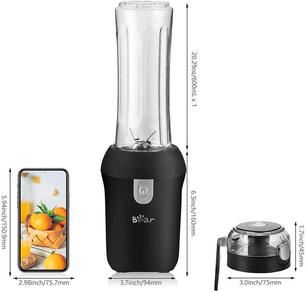 Bear Portable Mixer 300W Power 4 Removable Stainless Steel Blades One-button Operation for Milkshake, Smoothy, Juice, Vegetable Mixture, Baby Food - Black