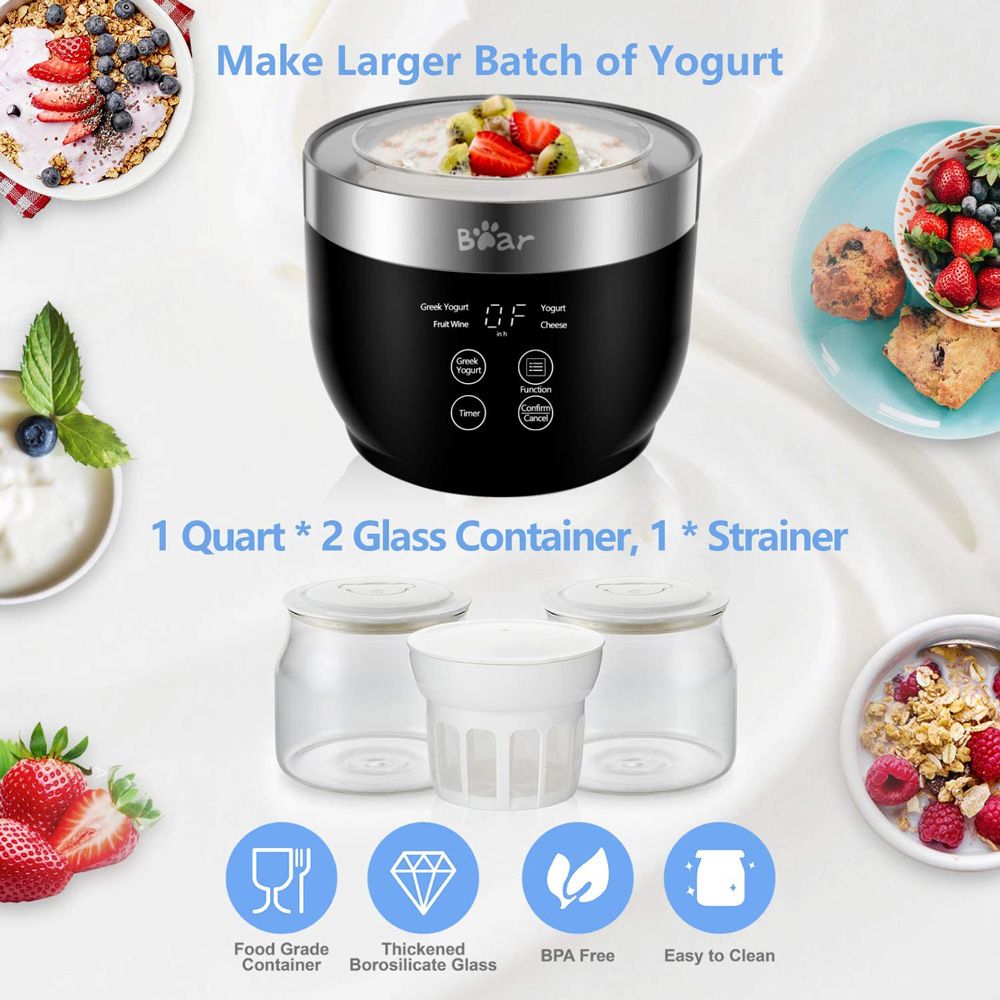Bear Multi-Function Yogurt Maker Stainless Steel Inner Pot LED Digital Display with Timer and Filter - Black