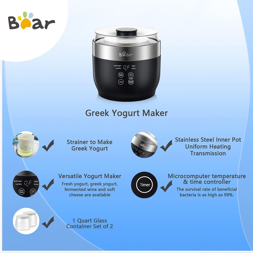 Bear Multi-Function Yogurt Maker Stainless Steel Inner Pot LED Digital Display with Timer and Filter - Black