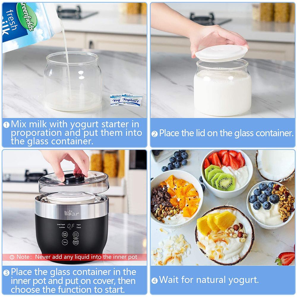 Orso Yogurt Maker multifunzione in acciaio inossidabile con display digitale a LED per vaso interno con timer e filtro - nero