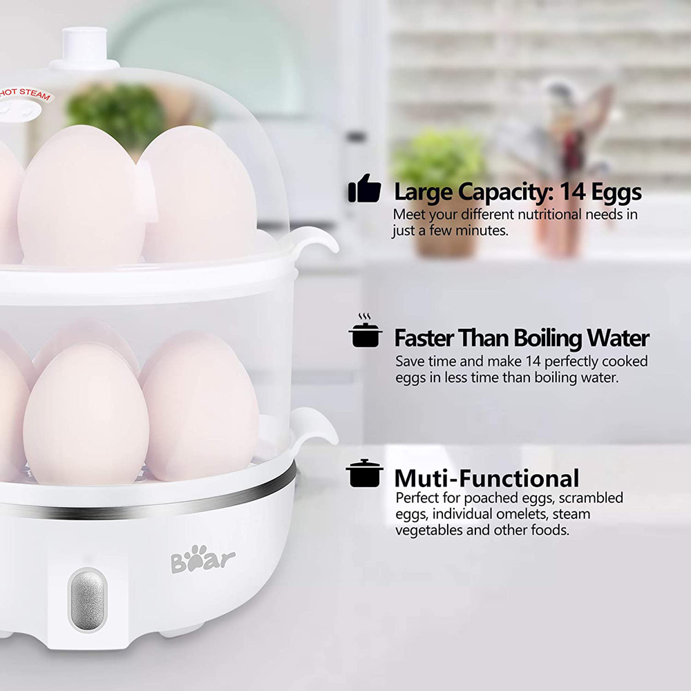 Bear Electric Egg Cooker with Measuring Cup 14 Capacity Dual-layer Steamer Design One-button Operation - White