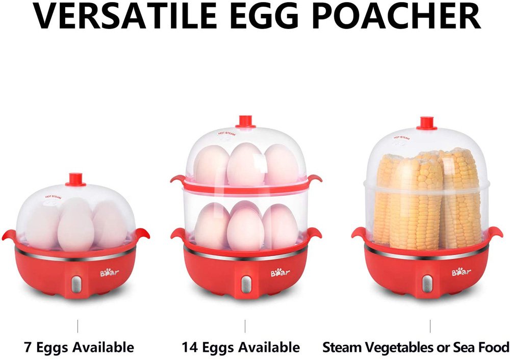 Bear Electric Egg Cooker with Measuring Cup 14 Capacity Dual-layer Steamer Design One-button Operation - Red