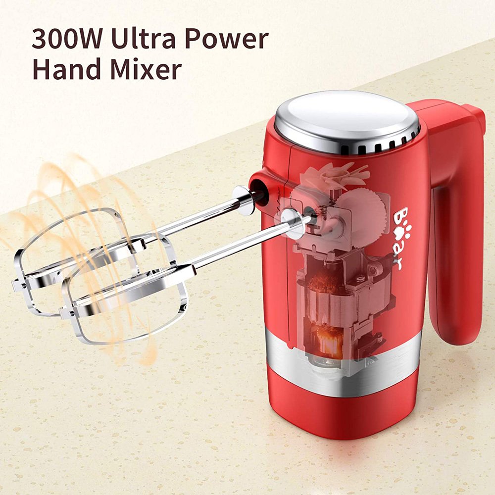 Bear Hand-held Electric Mixer 300W Power 10 Speeds for Eggs, Cream, Potatoes - Red