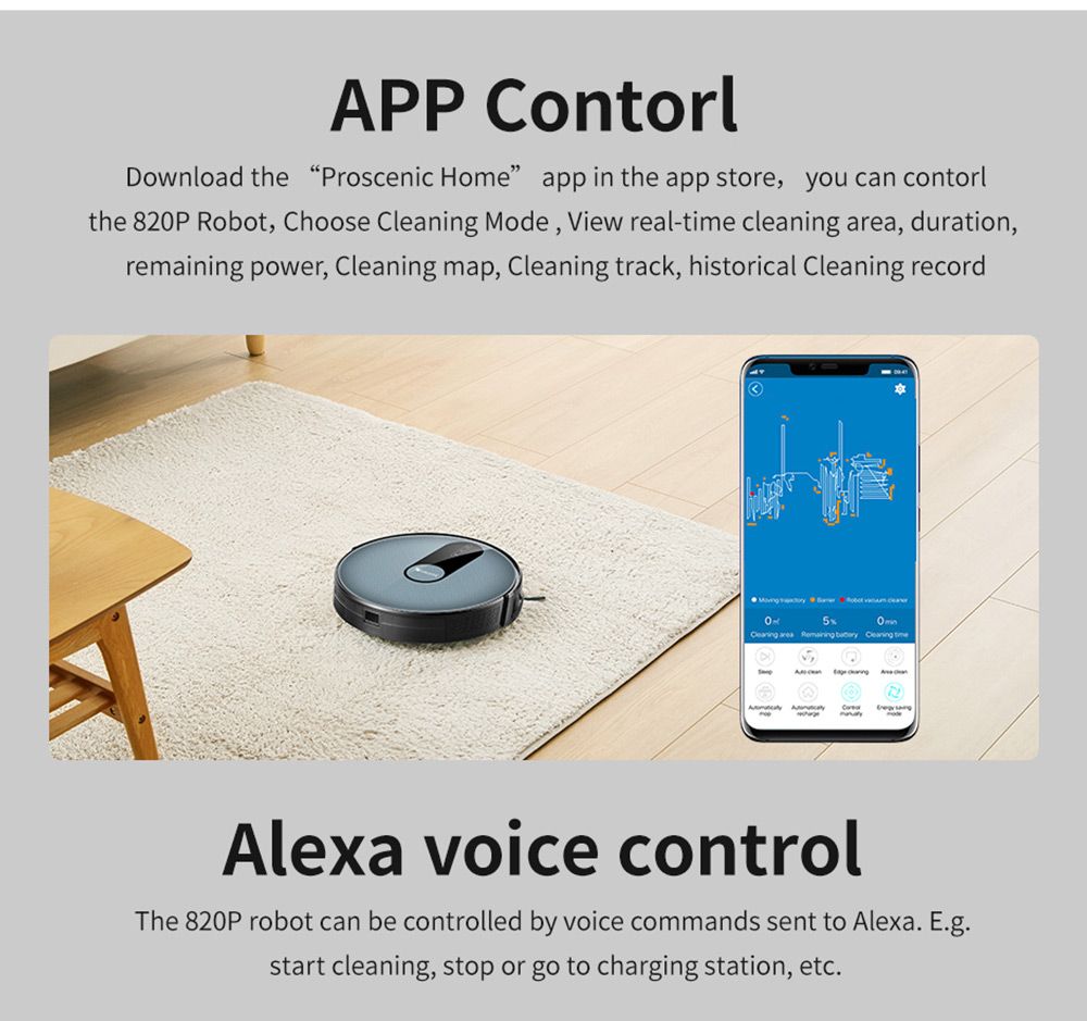 Proscenic 820S Robot Vacuum Cleaner 1800Pa Powerful Suction 3 Modes Auto Boost 600ml Dust Box WiFi Connectivity Alexa Control for Pet Hair, Dust and Fine Dust - Black