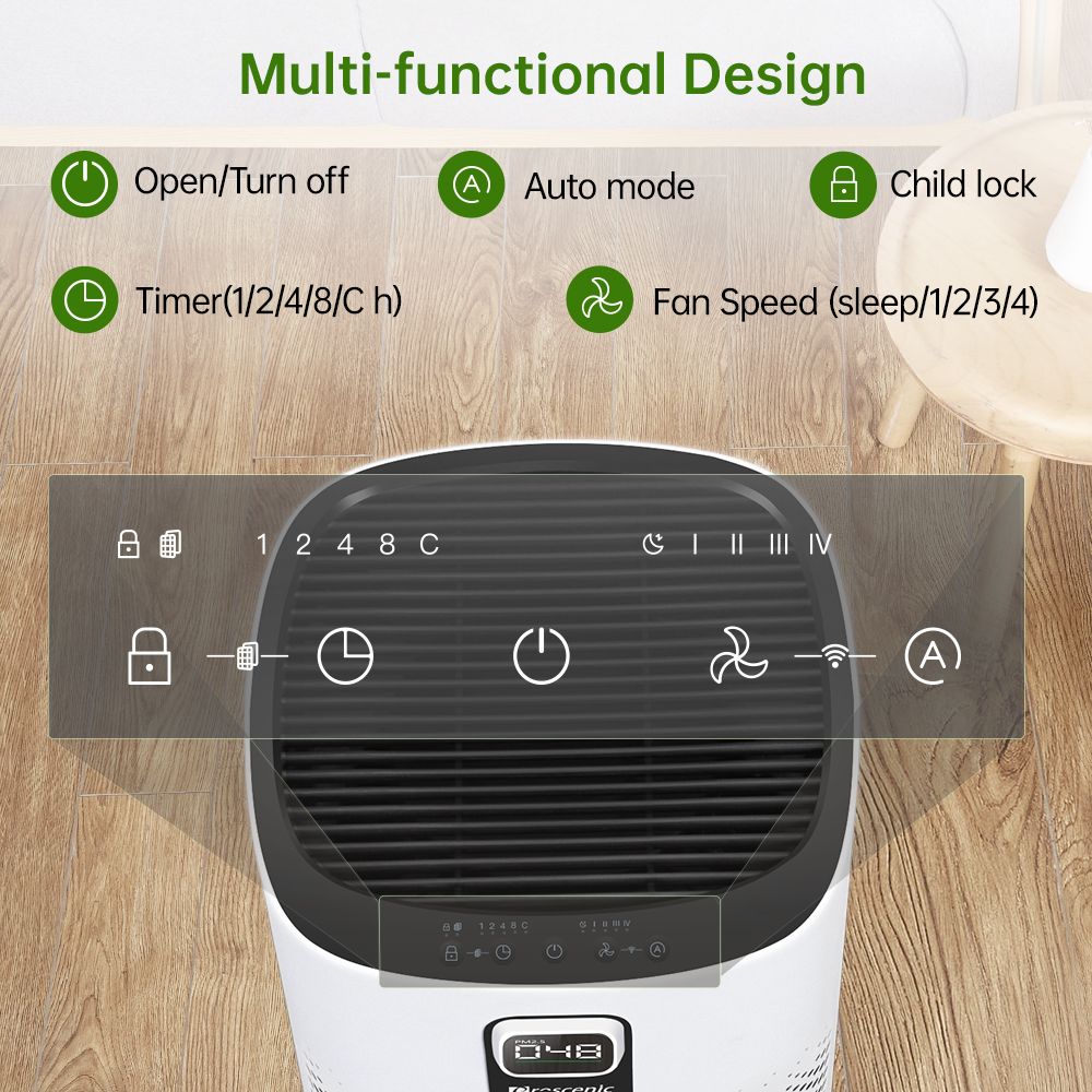 Proscenic A9 Smart Air Purifier LED Digital Display Регулируемое управление скоростью ветра APP, удаление 99.97% пыли, перхоти домашних животных, дыма, пыльцы, запаха - белый