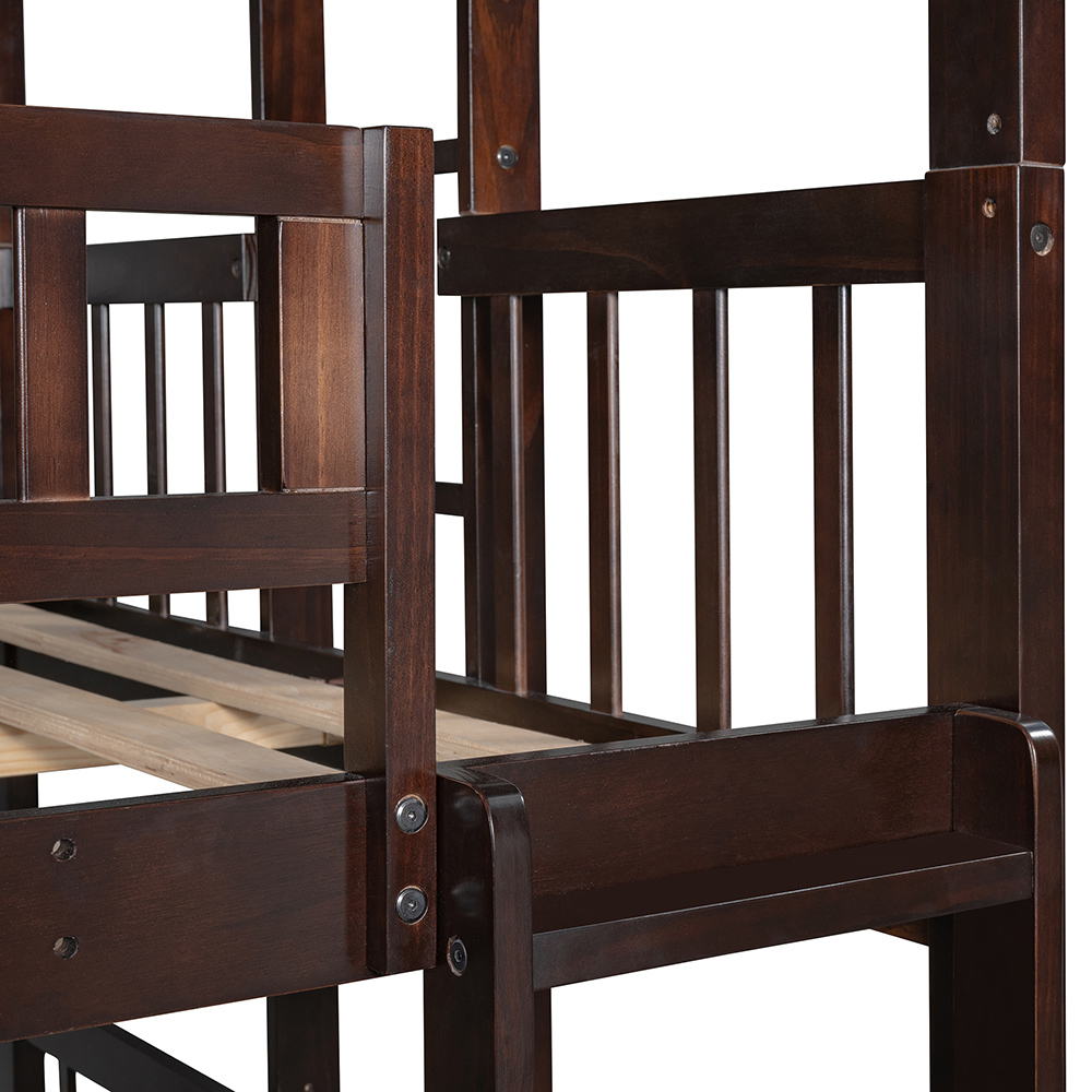 Full-Over-Full-Over-Ful Size Triple Bed Frame with Slide, and Wooden Slats Support, No Spring Box Required (Frame Only) - Espresso