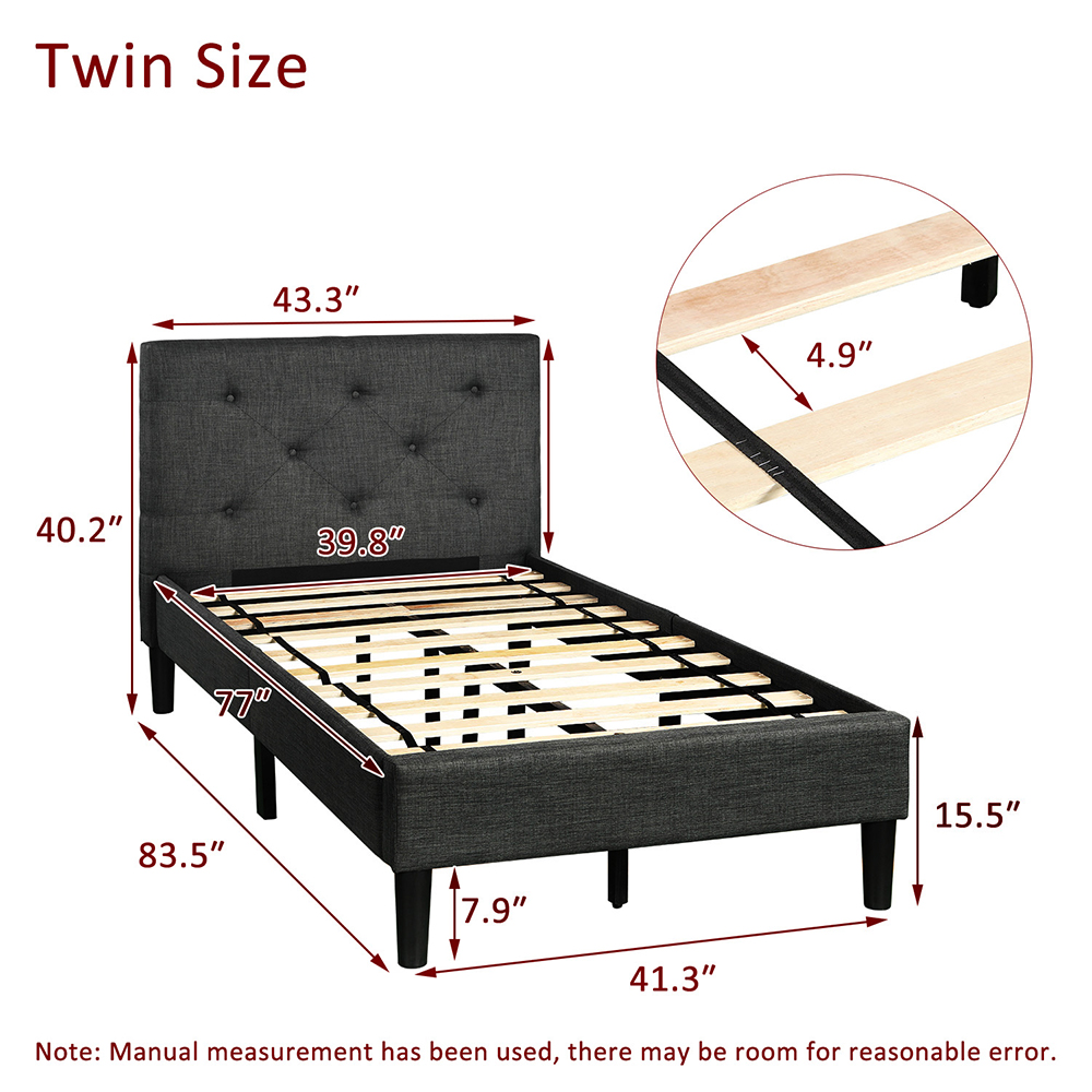 Twin Size Upholstered Button Tufted Platform Bed Frame With Headboard, And Wooden Slats Support, No Spring Box Required (Frame Only) - Gray 11 Twin Size Upholstered Button Tufted Platform Bed Frame with Headboard, and Wooden Slats Support, No Spring Box Required (Frame Only) - Gray