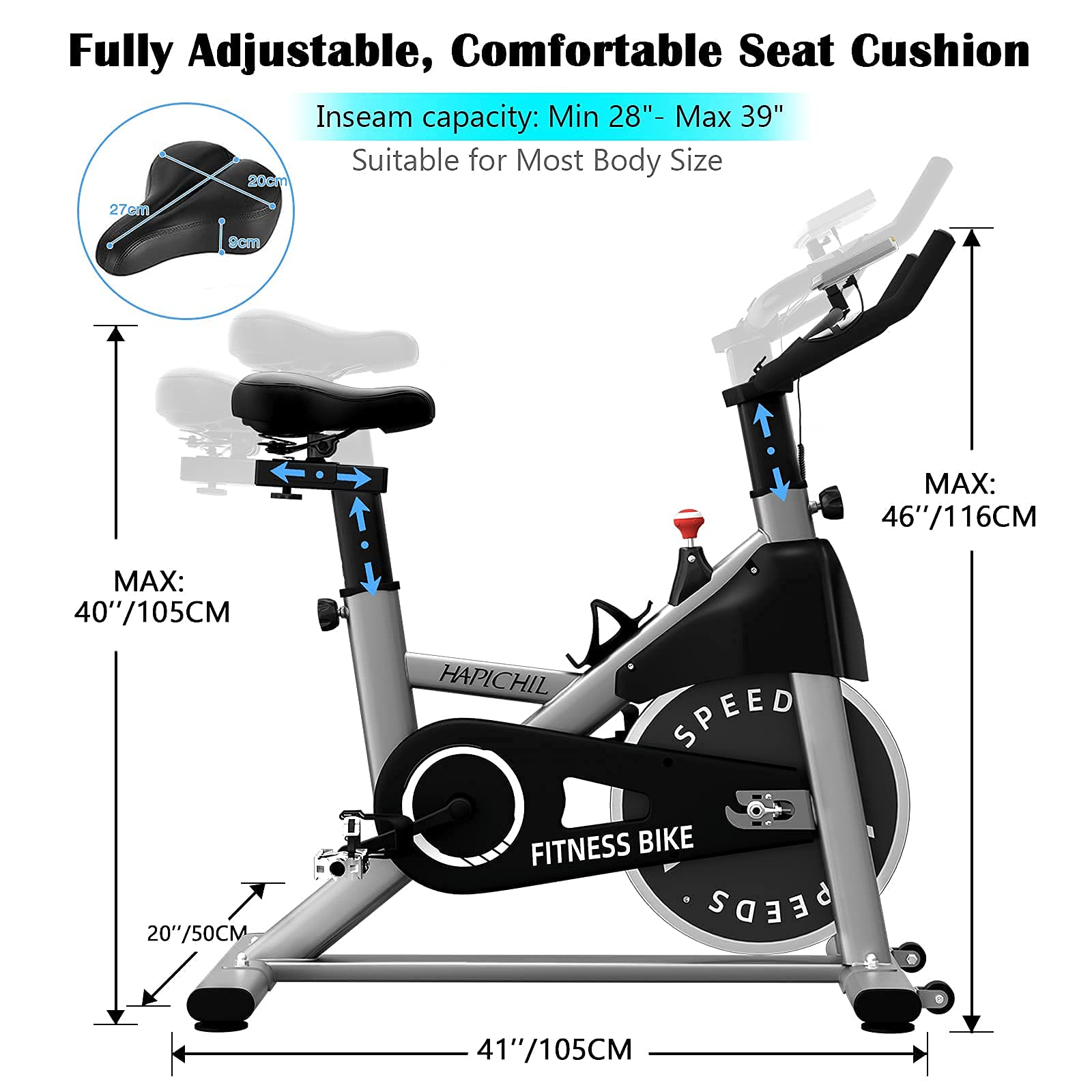 Hapichil SB001-B Spinning Bike Cycling Exercise Fitness Bike Magnetic Resistance & Heavy Flywheel Smooth Quiet Adjustable Height for Indoor Workout - Silver