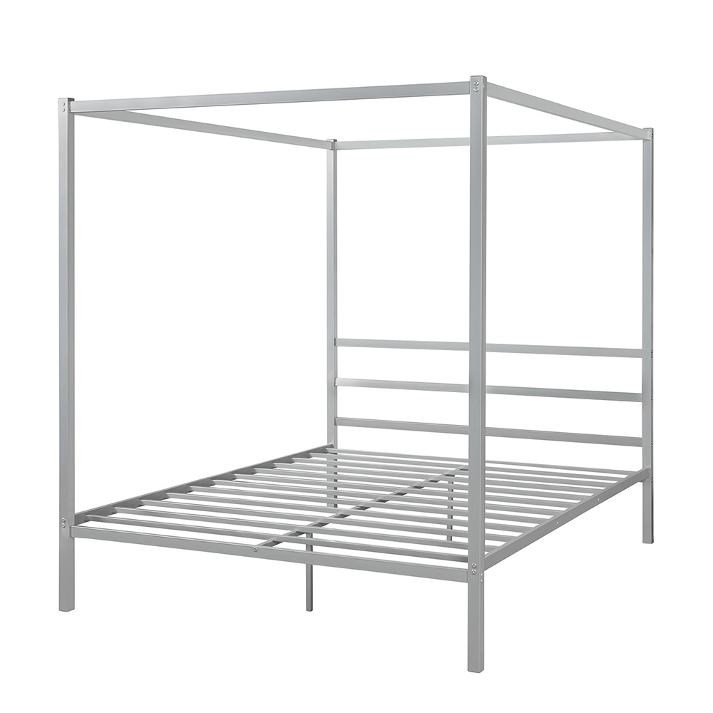Queen Size Metal Canopy Platform Bed Frame with Built-in Headboard, and Metal Slats Support, No Spring Box Required (Frame Only) - Silver