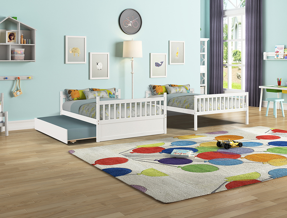 Full-Over-Full Size Detachable Bunk Bed Frame with Trundle Bed, and Wooden Slats Support, No Spring Box Required (Frame Only) - White