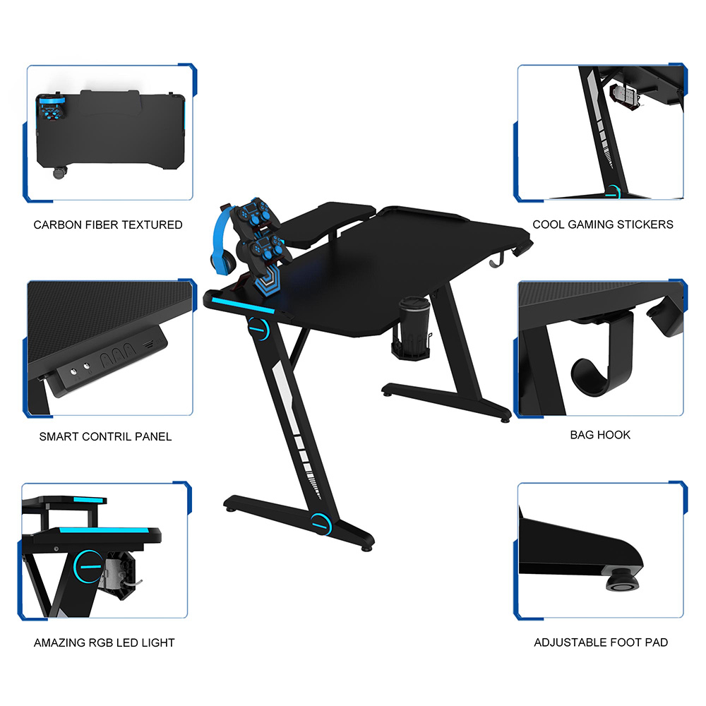 Home Office Computer Desk with Monitor Stand, RGB Lights and Z-Shaped Legs, for Game Room, Office, Study Room - Black