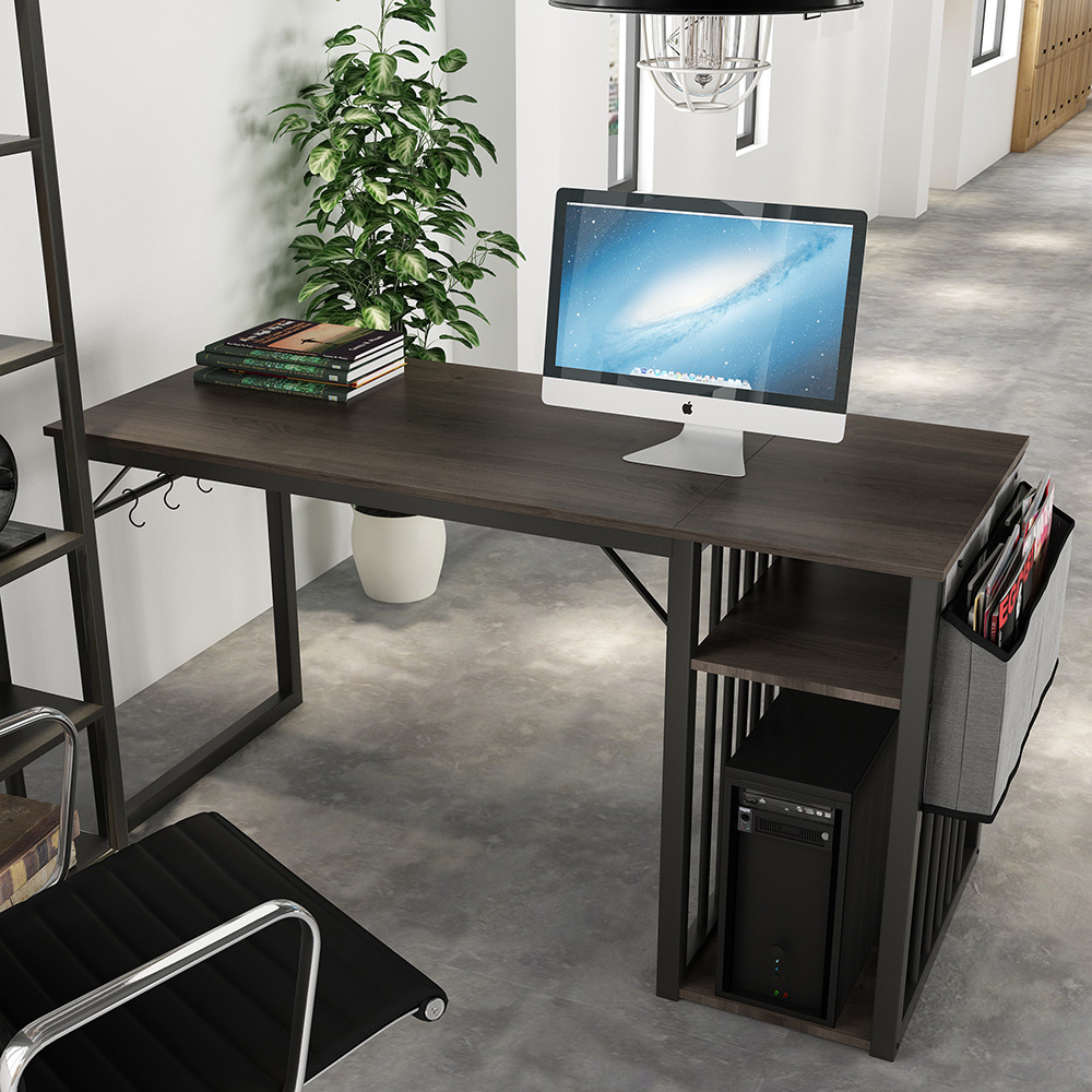 Home Office Computer Desk with Side Bag, Storage Shelves, MDF Tabletop and Metal Frame - Brown