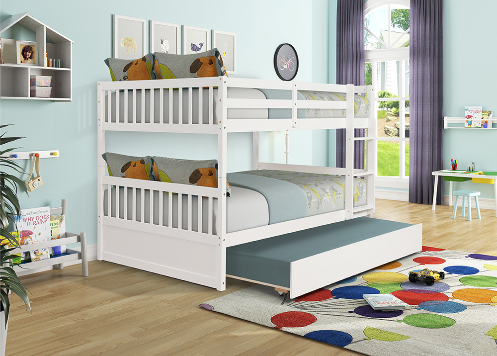 Full-Over-Full Size Detachable Bunk Bed Frame with Trundle Bed, and Wooden Slats Support, No Spring Box Required (Frame Only) - White