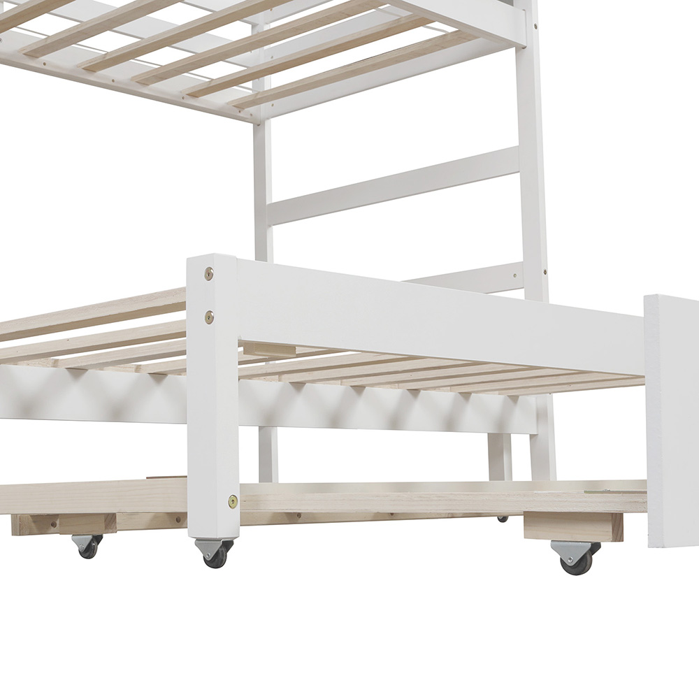 Twin-Over-Twin/King Size Wooden Bunk Bed Frame with Trundle Bed, and Storage Stairs, No Spring Box Required (Frame Only) - White