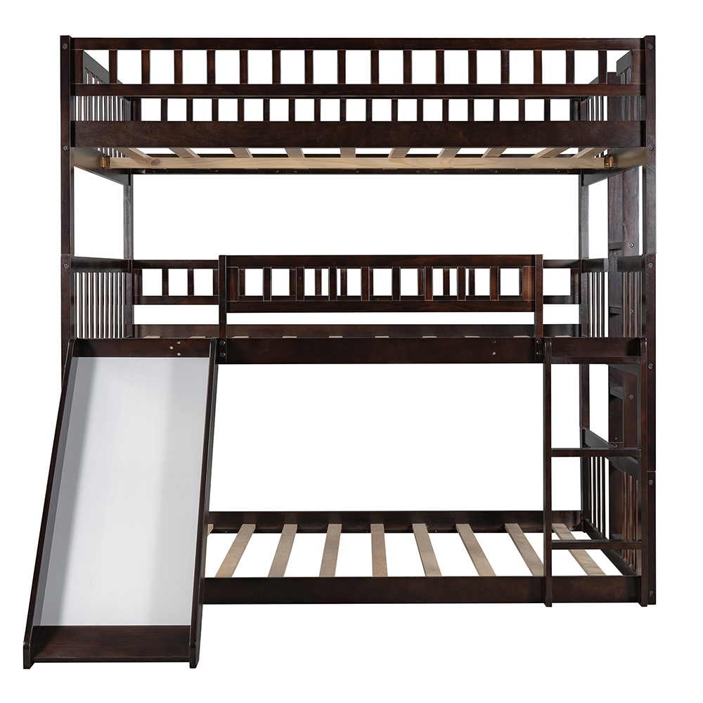 Full-Over-Full-Over-Ful Size Triple Bed Frame with Slide, and Wooden Slats Support, No Spring Box Required (Frame Only) - Espresso