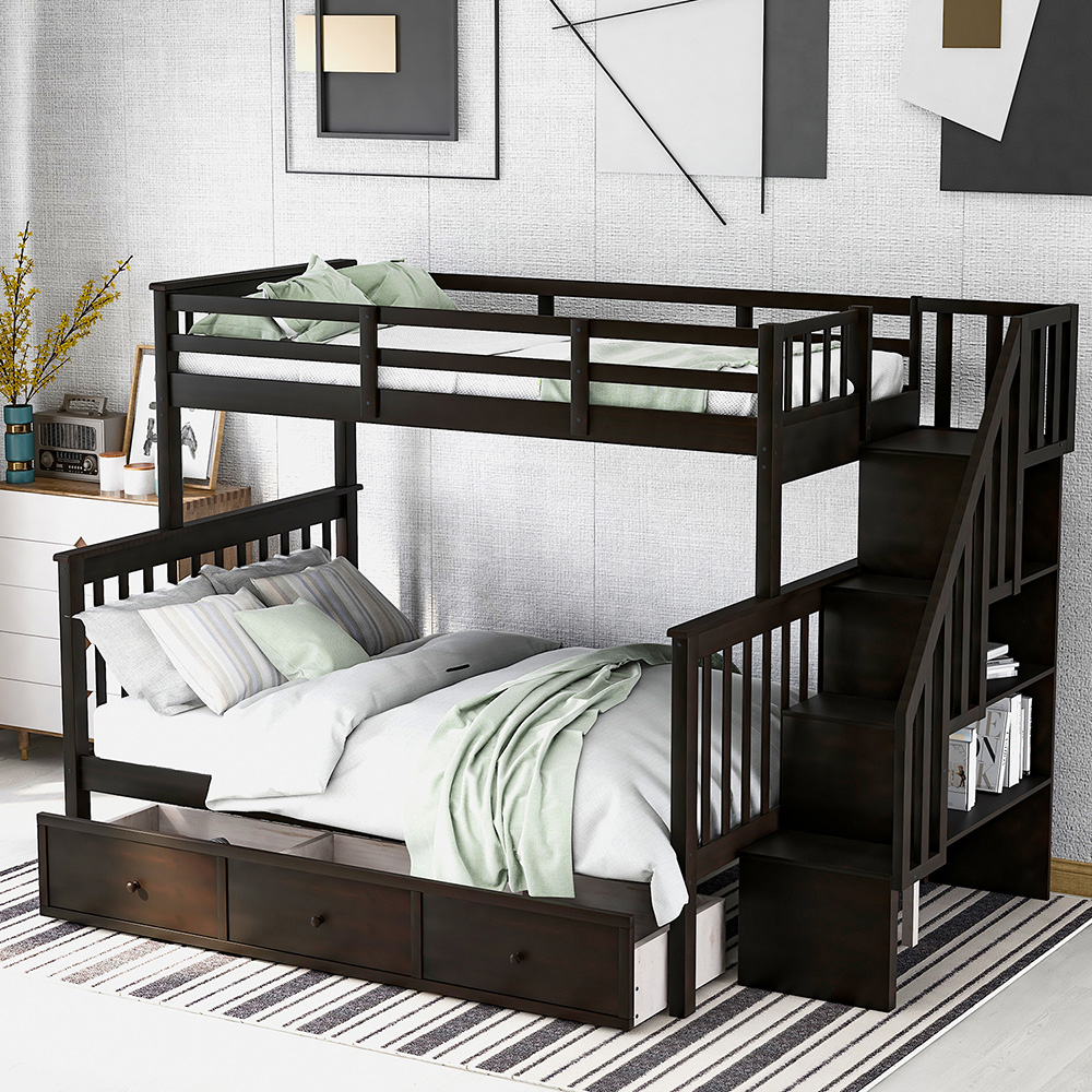 Twin-Over-Full Size Stairway Bunk Bed Frame With Storage Drawer, And Wooden Slats Support, No Spring Box Required (Frame Only) - Espresso 6 Twin-Over-Full Size Stairway Bunk Bed Frame with Storage Drawer, and Wooden Slats Support, No Spring Box Required (Frame Only) - Espresso