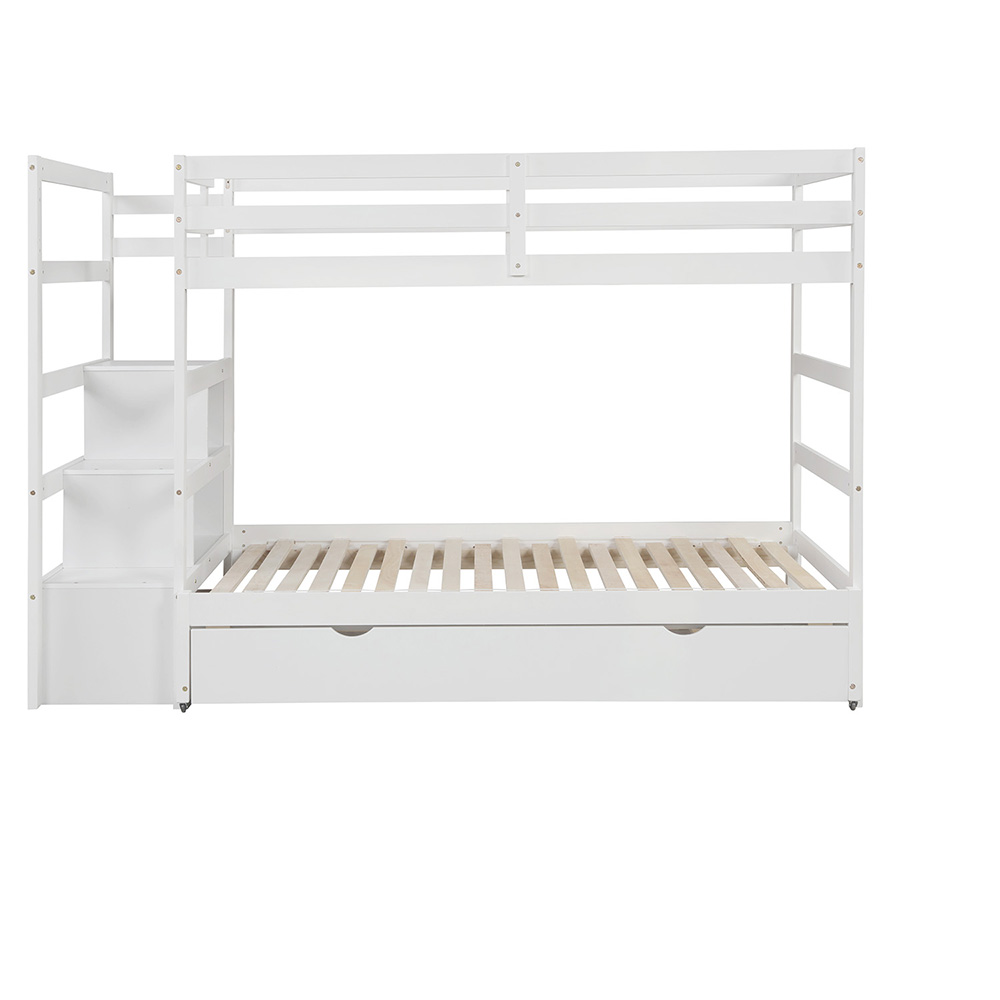 Twin-Over-Twin/King Size Wooden Bunk Bed Frame with Trundle Bed, and Storage Stairs, No Spring Box Required (Frame Only) - White