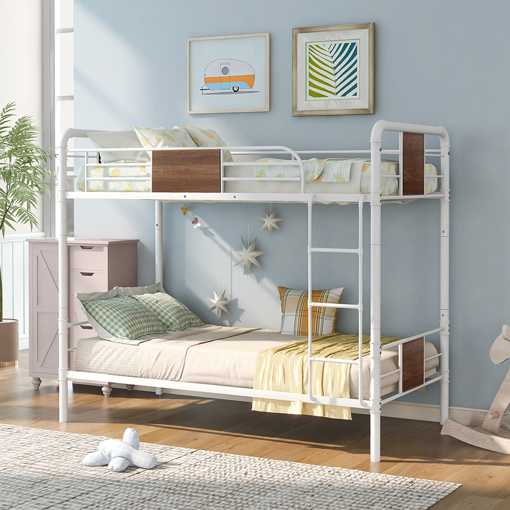 Twin-Over-Twin Size Bunk Bed Frame with Ladder, and Metal Slats Support, No Spring Box Required (Frame Only) - White