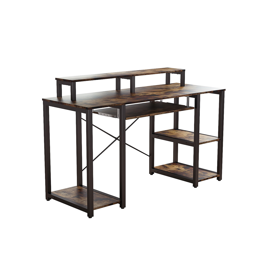 Home Office Computer Desk with Open Storage Shelves, Keyboard Tray, Wooden Tabletop and Metal Frame - Brown