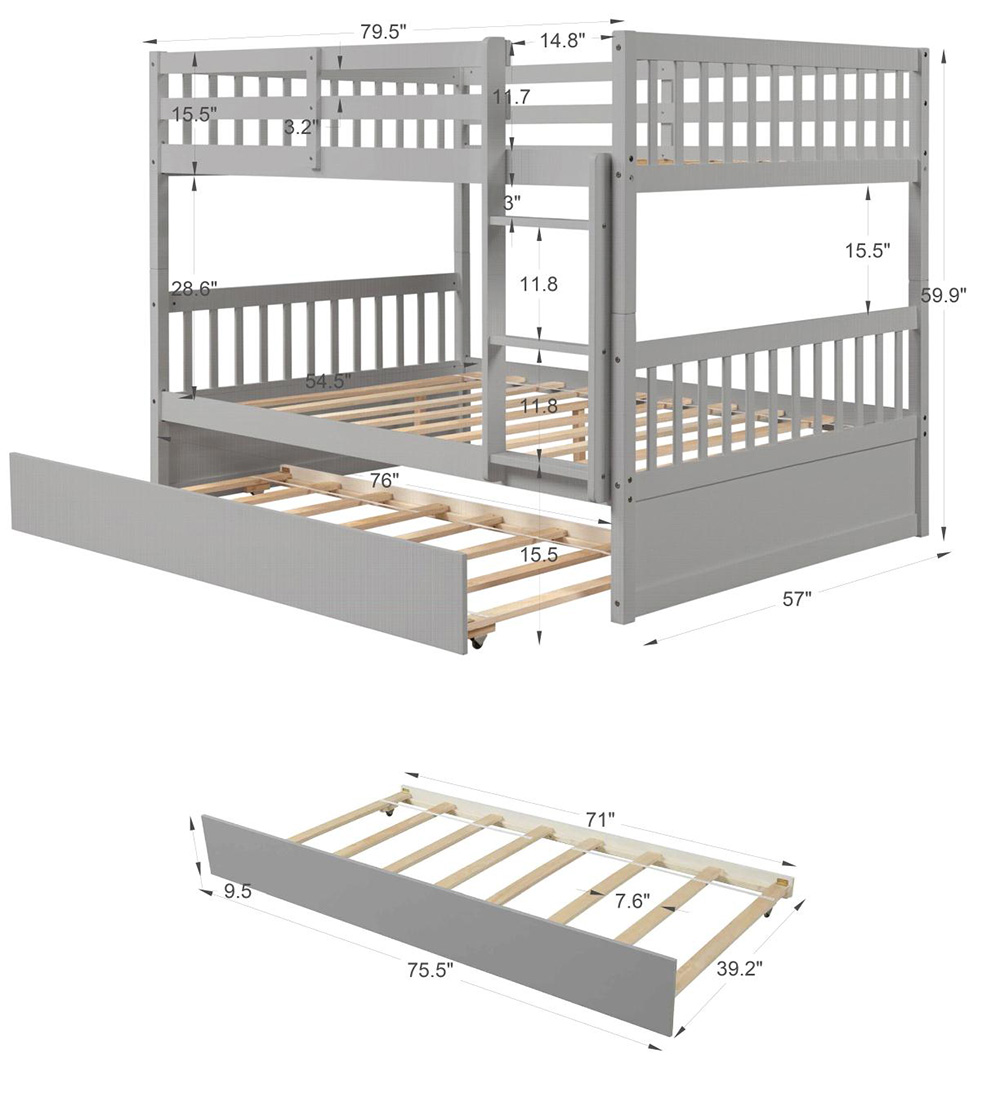 FullOverFull Size Detachable Bunk Bed Frame with Trundle Bed Gray