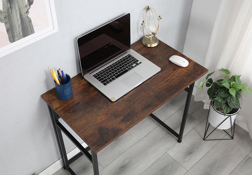 Home Office Folding Computer Desk with Particle Board Tabletop and Metal Frame - Brown