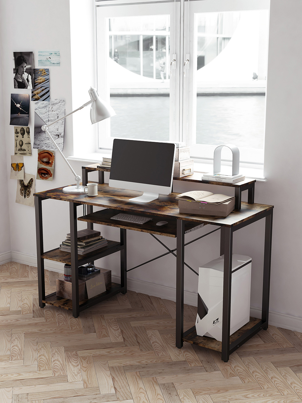 Home Office Computer Desk with Open Storage Shelves, Keyboard Tray, Wooden Tabletop and Metal Frame - Brown