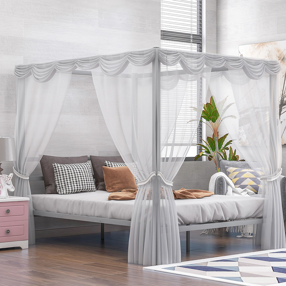 Queen Size Metal Canopy Platform Bed Frame with Built-in Headboard, and Metal Slats Support, No Spring Box Required (Frame Only) - Silver