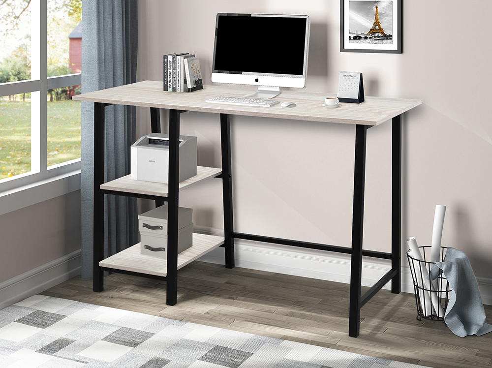 Home Office Computer Desk with Storage Shelves, Wooden Tabletop and Metal Frame, for Game Room, Office, Study Room - Oak