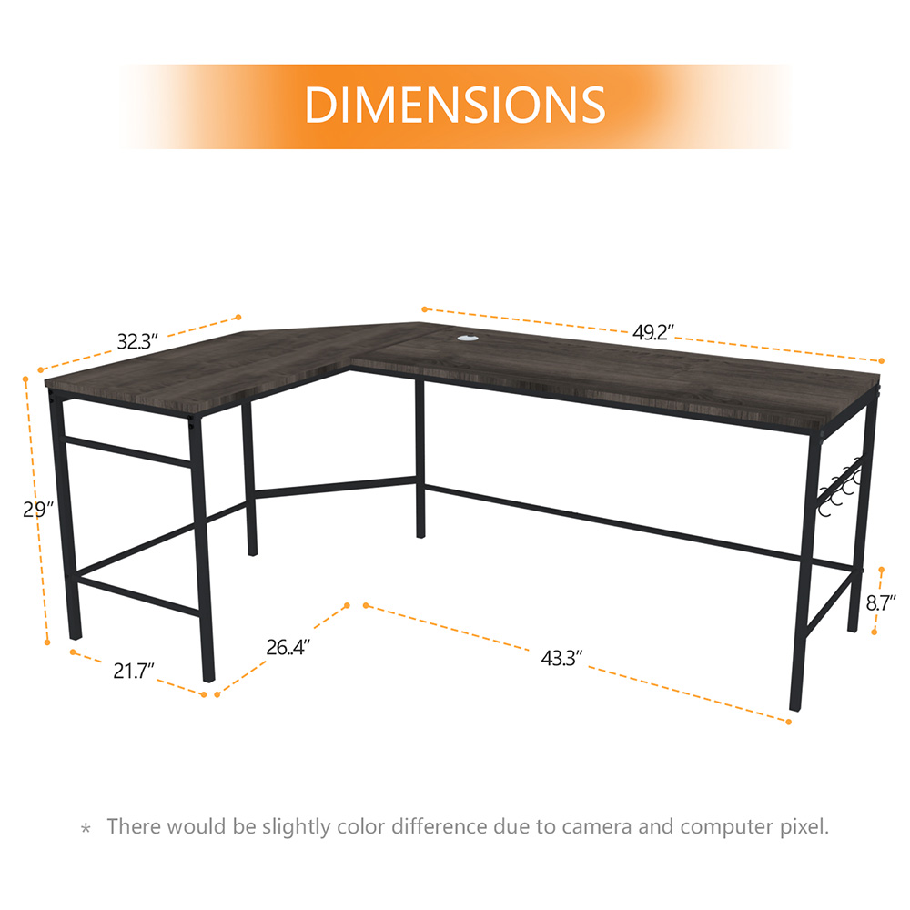 Home Office L-Shaped Computer Desk with Storage Bag, Wooden Tabletop and Metal Frame - Gray