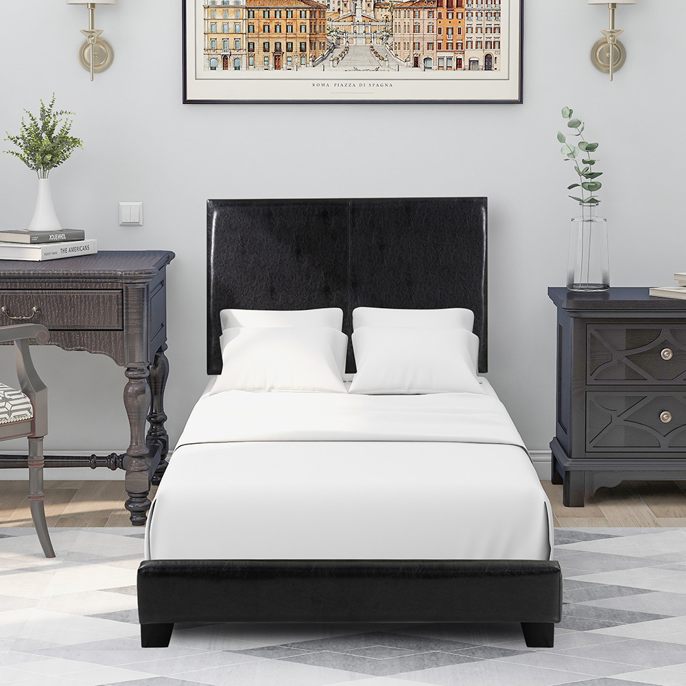 Vienna Twin Size Faux Leather Upholstered Platform Bed Frame with Headboard, Spring Box Required (Frame Only) - Black