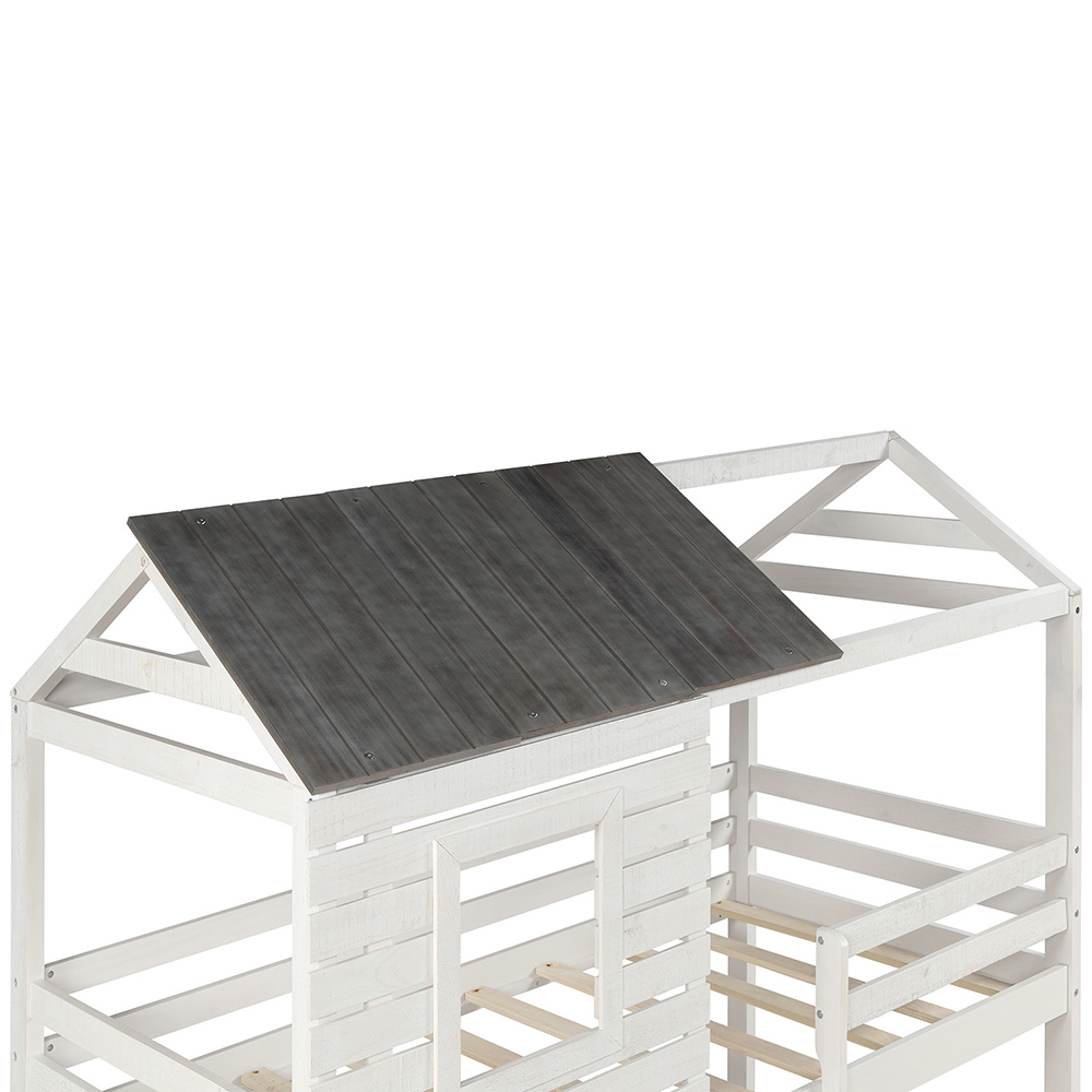 Twin-Over-Twin Size Bunk Bed Frame with Roof, and Wooden Slats Support, No Spring Box Required (Frame Only) - Antique White