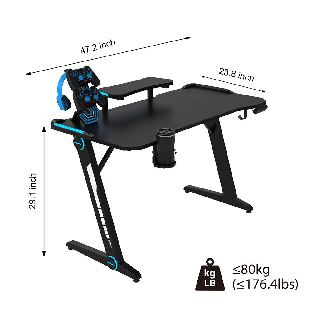 Home Office Computer Desk with Monitor Stand, RGB Lights and Z-Shaped Legs, for Game Room, Office, Study Room - Black