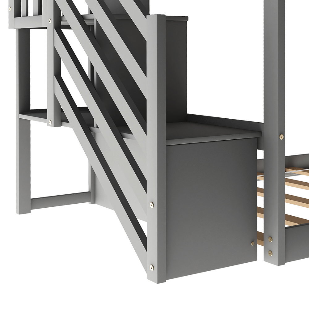 Twin-Over-Twin Size Stairway Bunk Bed Frame with Convertible Slide, and Wooden Slats Support, No Spring Box Required (Frame Only) - Gray
