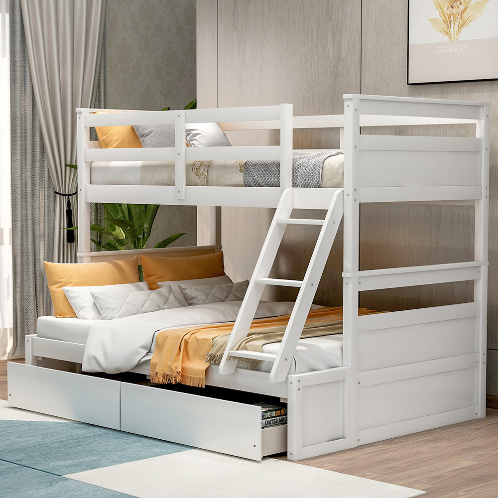 Twin-Over-Full Size Bunk <b>Bed</b> Frame with 2 Storage Drawers, and Wooden Slats...