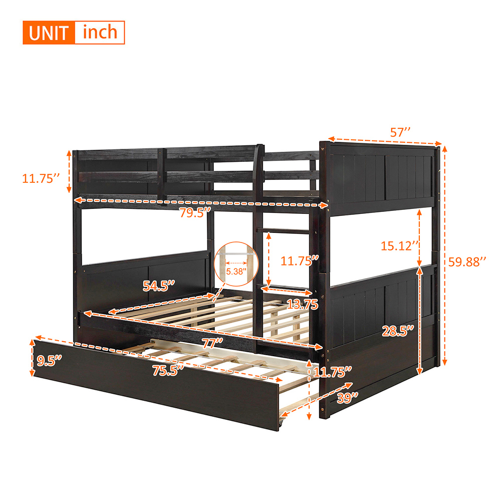 FullOverFull Size Bunk Bed Frame with Trundle Bed Espresso