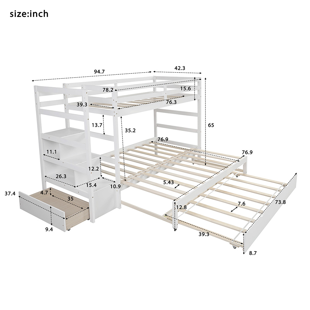 Twin-Over-Twin/King Size Wooden Bunk Bed Frame with Trundle Bed, and Storage Stairs, No Spring Box Required (Frame Only) - White