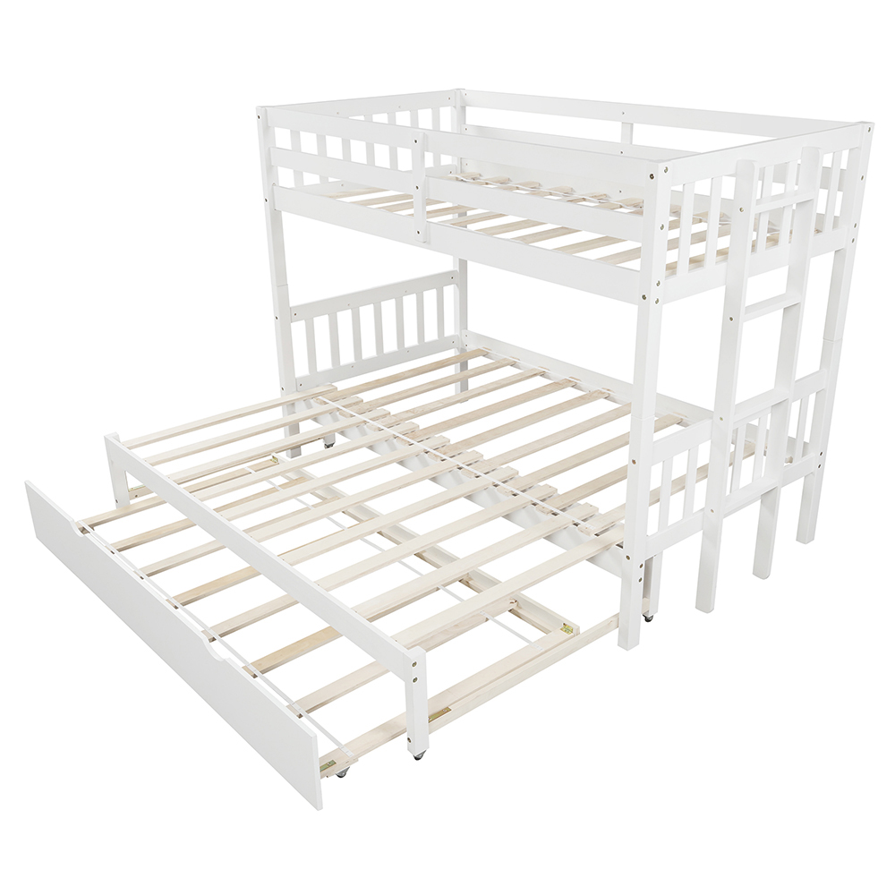 Twin-Over-Twin/King Size Bunk Bed Frame with Trundle Bed, and Wooden Slats Support, No Spring Box Required (Frame Only) - White