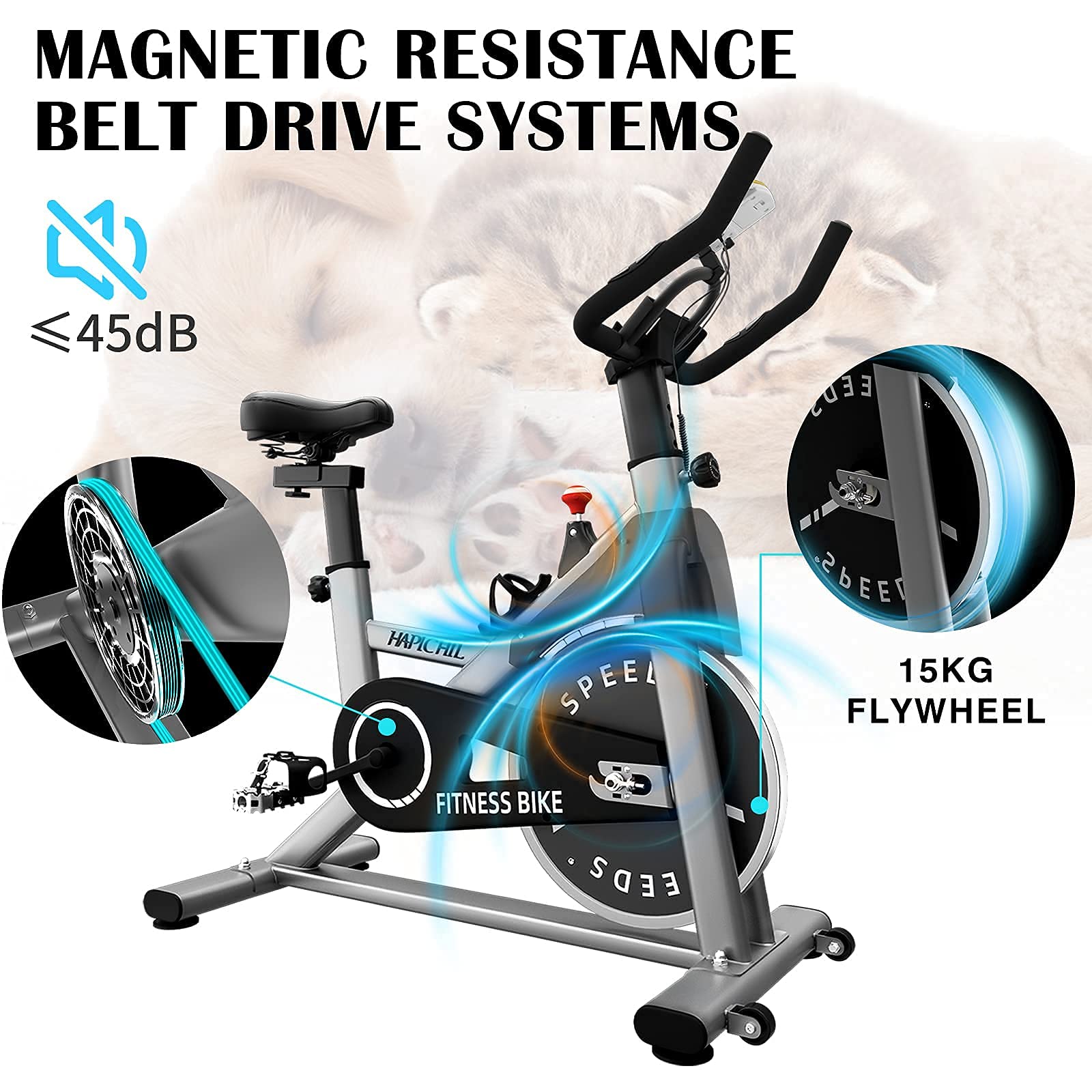 Hapichil SB001-B Spinning Bike Cycling Exercise Fitness Bike Magnetic Resistance & Heavy Flywheel Smooth Quiet Adjustable Height for Indoor Workout - Silver