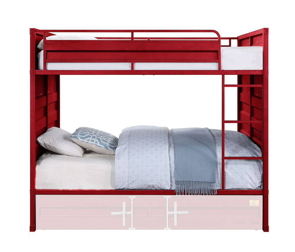 ACME Full-Over-Full Size Container Style Bunk Bed Frame with Ladder, and Metal Slats Support, No Spring Box Required (Frame Only) - Red