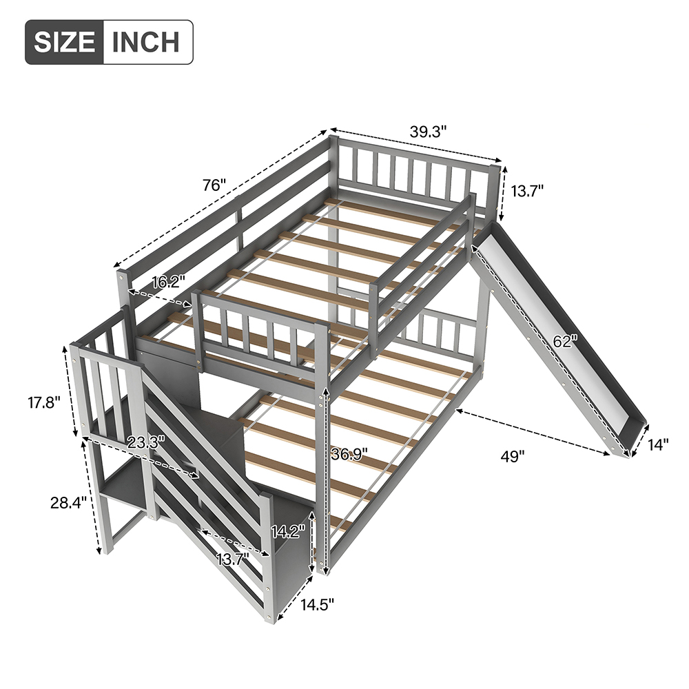 Twin-Over-Twin Size Stairway Bunk Bed Frame with Convertible Slide, and Wooden Slats Support, No Spring Box Required (Frame Only) - Gray