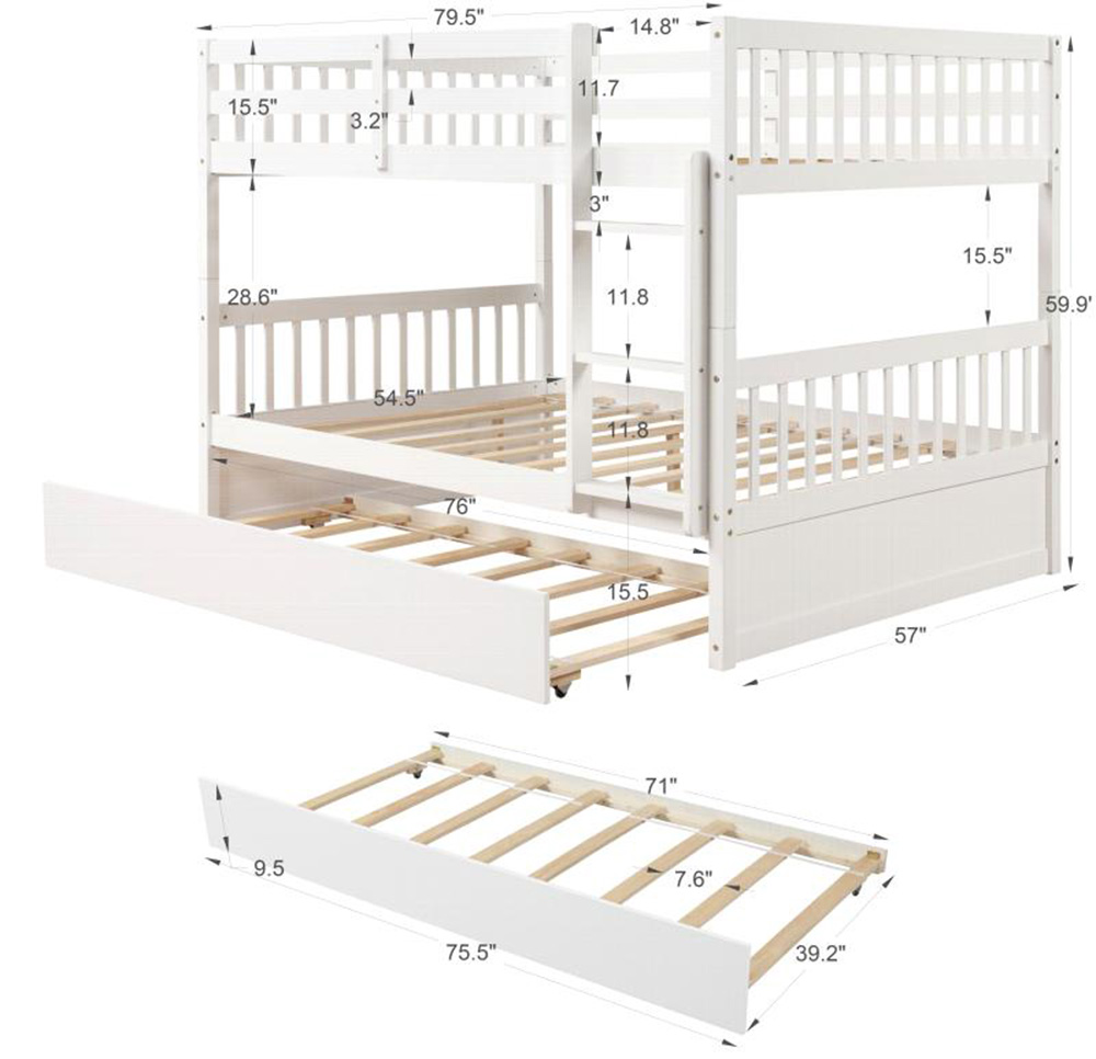 Full-Over-Full Size Detachable Bunk Bed Frame with Trundle Bed, and Wooden Slats Support, No Spring Box Required (Frame Only) - White
