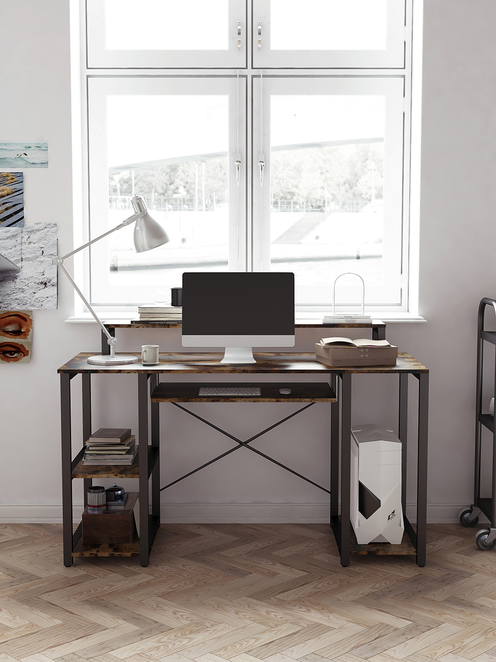 Home Office Computer Desk with Open Storage Shelves, Keyboard Tray, Wooden Tabletop and Metal Frame - Brown