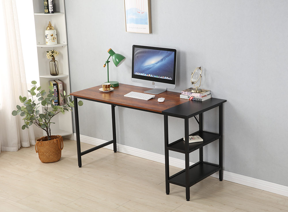 55" Home Office Computer Desk with Open Storage Shelves, Wooden Tabletop and Metal Frame - Brown + Black