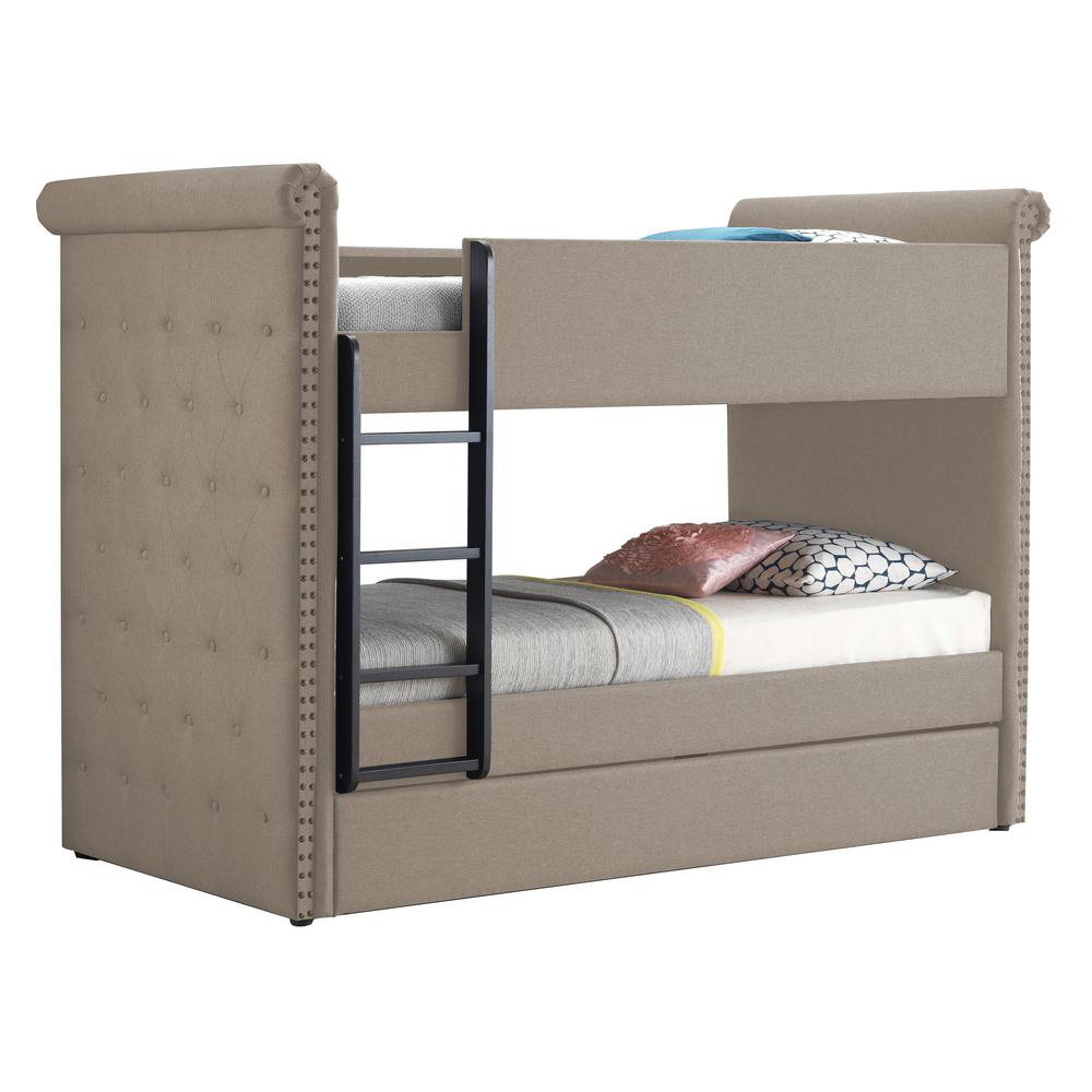 ACME Twin-Over-Twin Size Fabric Bunk Bed Frame with Trundle Bed, and Wooden Slats Support, No Spring Box Required (Frame Only) - Beige