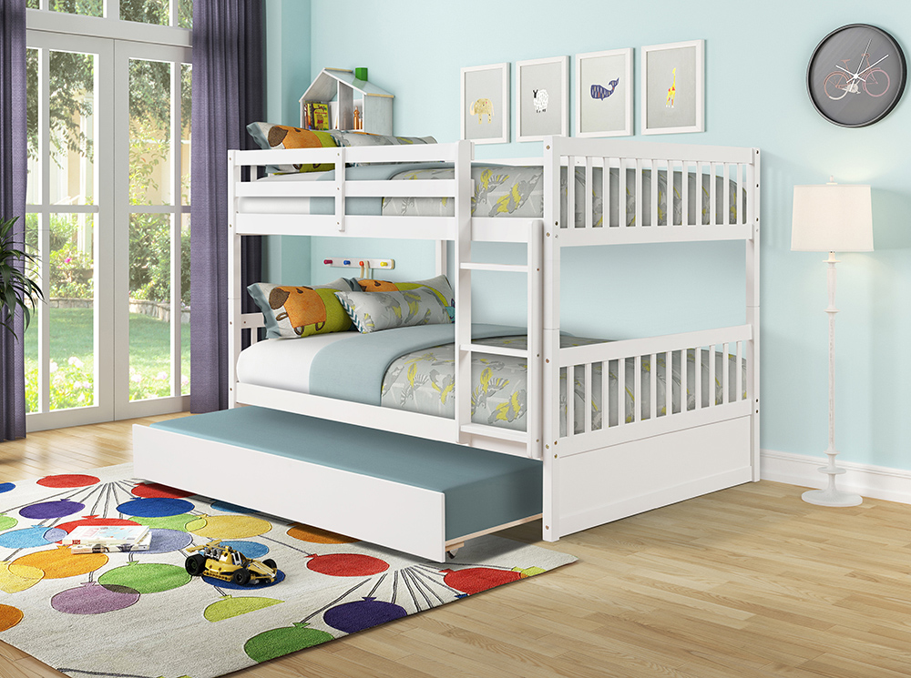 Full-Over-Full Size Detachable Bunk Bed Frame with Trundle Bed, and Wooden Slats Support, No Spring Box Required (Frame Only) - White