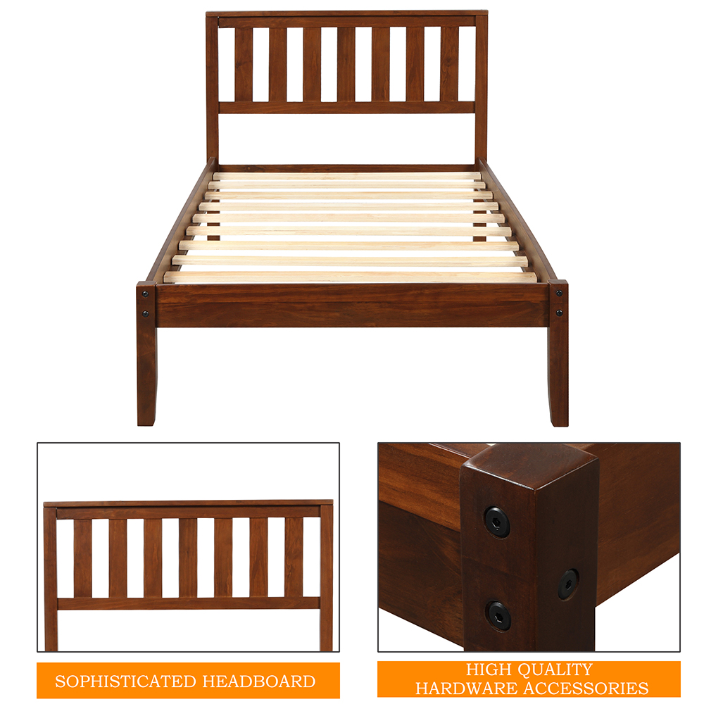 Twin Size Wooden Platform Bed Frame with Headboard, and Wooden Slats Support, No Spring Box Required (Frame Only) - Walnut