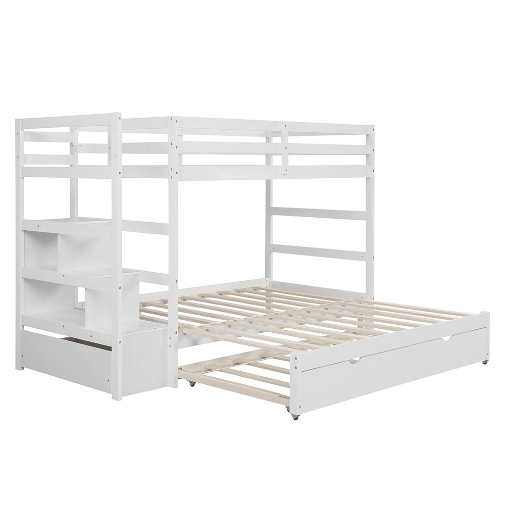 Twin-Over-Twin/King Size Wooden Bunk Bed Frame with Trundle Bed, and Storage Stairs, No Spring Box Required (Frame Only) - White
